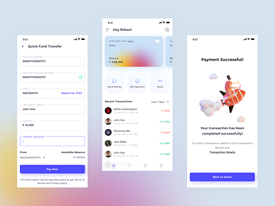 Payment app UI app design finance fintech glassmorphism gradients light theme mobile app design payment app success screen transactions ui uidesign user interface uxdesign visual design