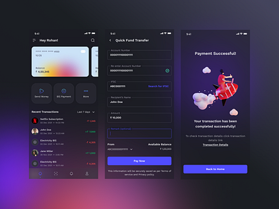 Payment app UI - Dark theme app blue dark dark theme design finance fintech glassmorphism gradients mobile app ui payment app ui uidesign user interface user interface design uxdesign visual design