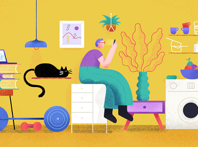 At home after the pandemic app book cat character furniture gym home lamp people remote remote work shapes texture washing machine