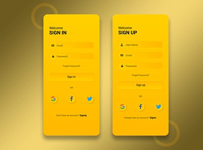 Neumorphic Login And Signup Design app login login design login page login screen mobile ui neumorphic neumorphic design neumorphism neumorphism ui sign in sign up signup ui yellow