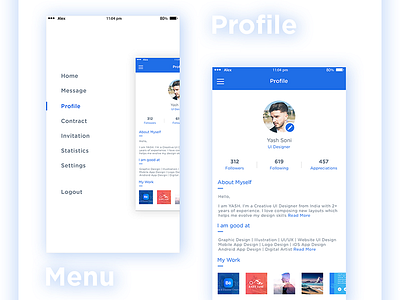 Menu + Profile about app ios menu mobile profile ui