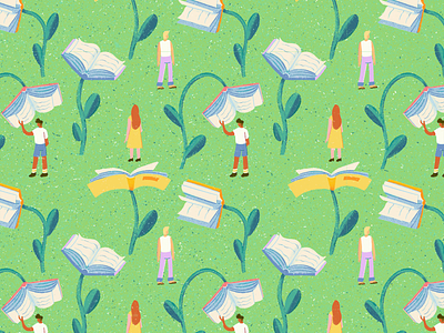 Spring Reading blooming books bookshelf editorial flowers green illustration pages pattern plant plants spring texture