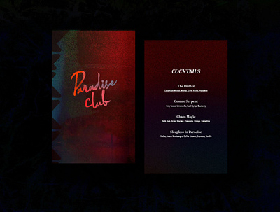 Paradise Club Cocktail menus menu nightlife print