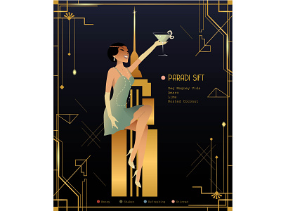 Cocktail menu illustration 20 style art deco design cocktail menu flapper girl gatsby girl with cocktail golden frame retro illustartion