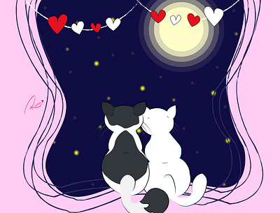 Cat Couple in Love art cat cat couple dark nigjt digitalart digitalartwork graphicdesign hearts illustraion illustrationartist love moon night red romantic stars valentines day