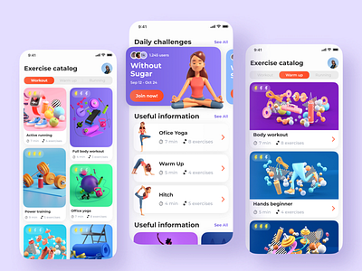 Fitness Mobile App 3D🔥 3d 3dmax activity animation app blender branding design fitness graphic design illustration life mobile motion graphics product sport ui yoga