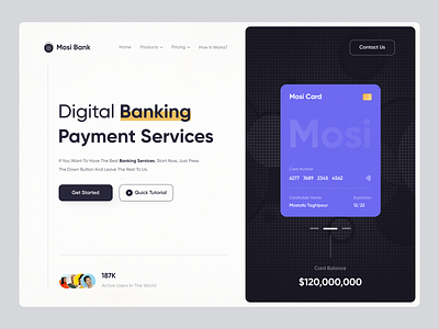 Hero section - Mosi Bank bank online banking clean credit card daily ui design designer finance hero section interface landing page minimal mobile ui payments services typography ui ux web