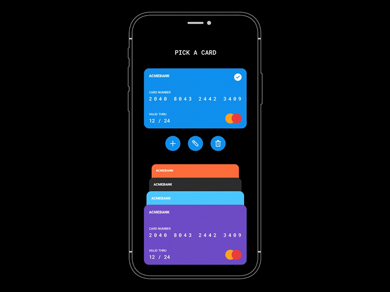 Сard picking animation bank card dark app framer iphone x microinteraction picker prototype wallet