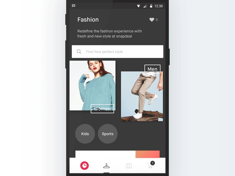 Design/Animation exploration for Snapdeal Fashion android animation app design e commerce fashion flat homepage marketplace minimal mobile tech