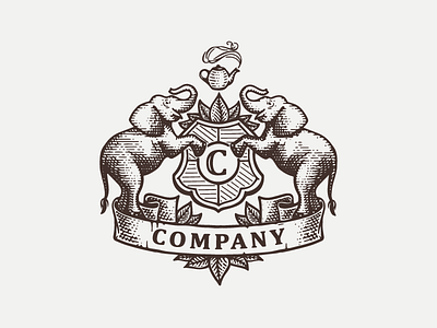 Coat of arms with elephants aristocrat coat of arms coffee elegant elephant engraving expensive leaves logo logotype shield tea teapot