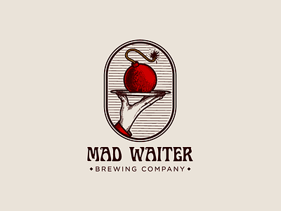 Mad waiter alcohol beer bomb brewery engraving explosion hand logo logotype mad tray waiter