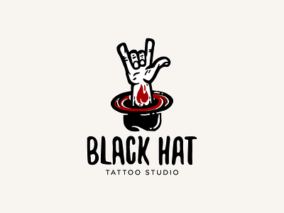 Black hat cool creative fire focus hand hat logo logotype rock and roll show tattoo