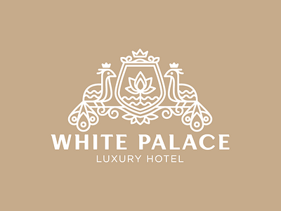 White palace bird coat of arms crown heraldry hotel logo logotype luxury ornament palace peacock premium rest shield spa
