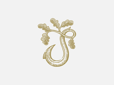 Letter J Hook Logo engraved hook j logo logotype male man monogram nature oak tree
