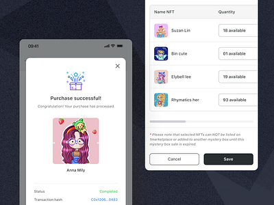 Purchase successful NFTs app design illustration typography ui ux vector