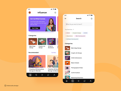 influencer Online Study App 3d animation app home screen branding design fabstudio fabstudio design graphic design illustration landing page ui learning app logo logo design modern app motion graphics online cource online study search screen ui uiux