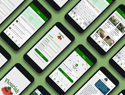 Flourish: Community Gardening for Everyone app branding designlogo gardening information architecture interaction design map minimal viable product mobile app mvp prototyping protoype search function ui design ux ux design wireframes wireframing