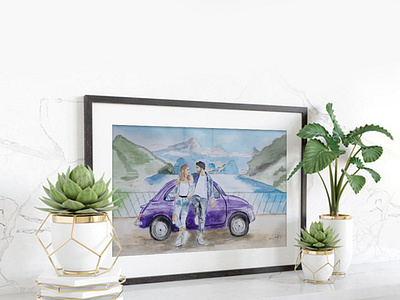 Summer trip in Como with pretty small Fiat 500 art couple fiat500 illustration italy love painting summer travel trip watercolor