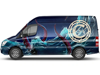 Cove Caskworks Van ale beer branding brewery brewing craft illustration livery octopus squid van vehicle water wrap