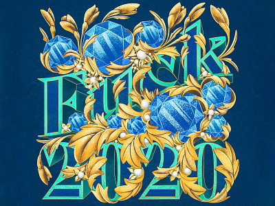 Fuck 2020 2020 acanthus facted fuck 2020 gem gemstone gold lettering sapphire scrollwork type typography
