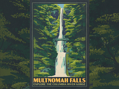 Multnomah Falls Poster bridge columbia illustration landscape multnomah national parks oregon portland poster print river water works progress administration wpa