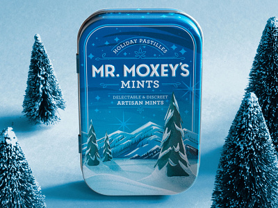 Mr Moxey's Giving Mints candy cannabis cbd christmas edible holiday illustration label landscape mint mountain packaging pastille pine procreate snow tin tree winter