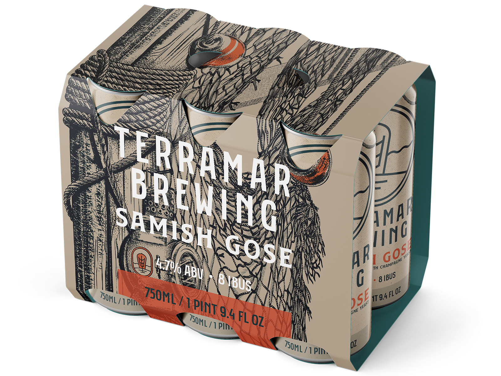 Samish 6 pack alcohol ale beer beverage bottle box brewery brewing can cans gose illustration label lantern nautical net packaging rope six pack