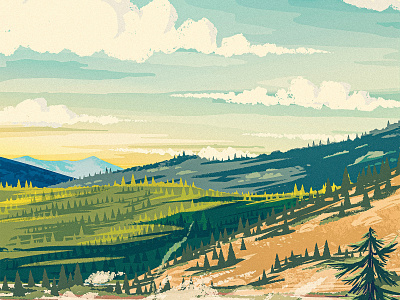 Landscape 2d clouds digital painting digital panting forest hill illustration landscape mountain national park pine procreate sky valley works progress administration wpa yellowstone