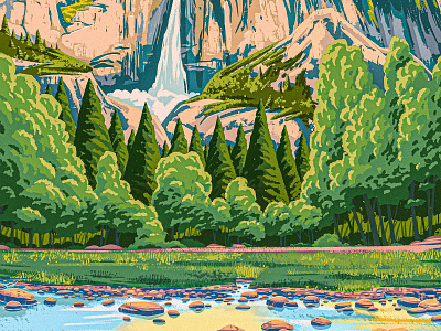 Yosemite 2d digital painting drawing falls illustration landscape national park parks procreate retro rocks trees valley vintage water waterfall works progress administration wpa yosemite