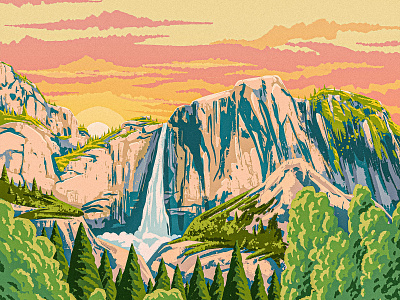 Yosemite 2d cliff digital painting falls illustration landscape mountain national park procreate retro sunset vintage water waterfall works progress administration wpa yosemite