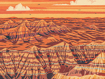 Badlands 2d badlands dakota desert digital painting hills illustration ipad pro landscape mountains plains procreate retro southwest sunset travel poster vintage western works progress administration wpa