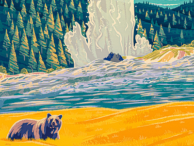 Old Faithful 2d animal bear deyser digital painting field grizzly hot spring illustration mountain national park nps old faithful procreate retro vintage works progress administration wpa wyoming yellowstone