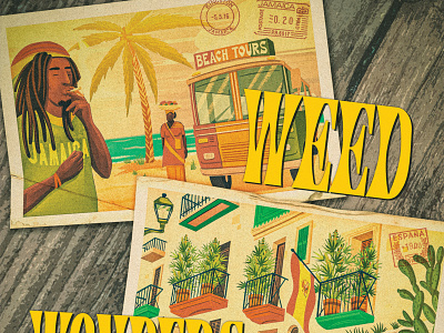 High Times Magazine Travel Issue 2d cannabos card digital painting editorial high times illustration jamaica marijuana post postcard pot print procreate rasta rastafarian spain travel weed