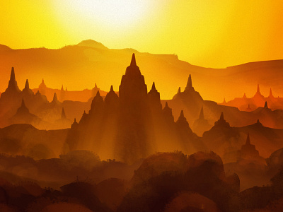 It'll Always Be Burma to Me brass burma cintiq digital painting illustration landscape myanmar sunset temple wacom