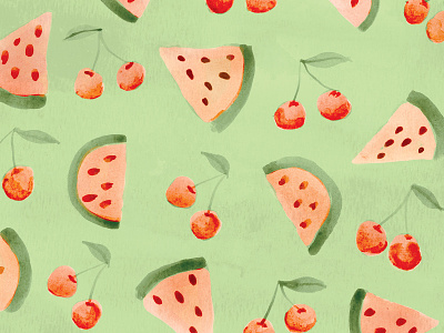 Strawberry Watermelon cherry food fruit packaging pattern watercolor watermelon