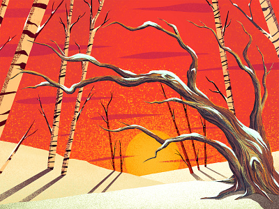 Birch Snowscape 2 2d aspen aspens birch digital painting illustration ipad pro landscape procreate seasonal snow sunset trees