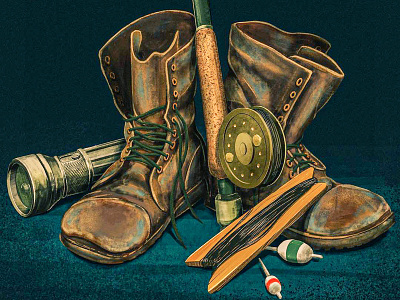 These Boots Were Made for Fishing 2d boots bootstrap digital painting fish fishing flashlight illustration ipad pro painting procreate reel still life tackle