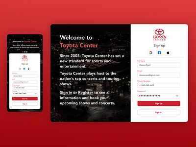 Toyota Center Sign Up Page minimal mobile signup ui web