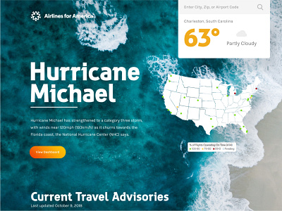 Airlines for America Weather Site Homepage airlines beach branding color design flat hurricane logo photography travel type typography ui water weather web website