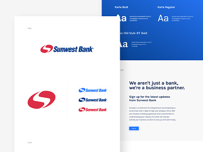 Sunwest Bank Brand Sheet bank banking blue brand sheet branding color design flat gradient guideline logo red sunwest type typography