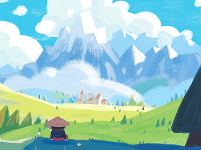 Enjoy the scenery boy cloud grassland illustration montain scenery travel village