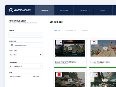 AwesomeAds Publishers Ad Queue advertisement dashboard publishers ui ux