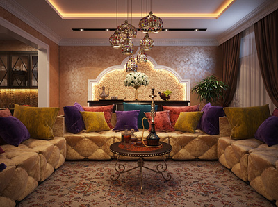 Colorful Oriental Lounge 3dsmax accent ceiling decoration design floor hookah interior lighting pillows sofa textile visual design wall wallpaper