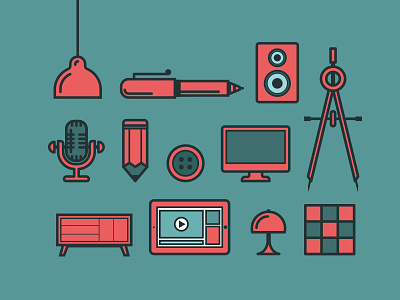 Design objects brush computer design flat icons illustration line mic minimal objects pen tablet