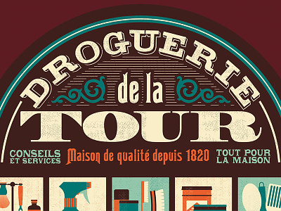 Hardware store typography flat font french objects ornament retro shop sign store texture type