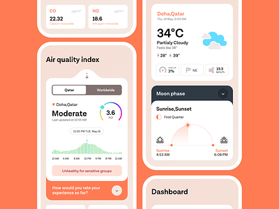 Weather app air quality index app banglore calicut clean daily ui design system doha dubai illustration kerala mobile app qatar rain temperature ui ux weather app