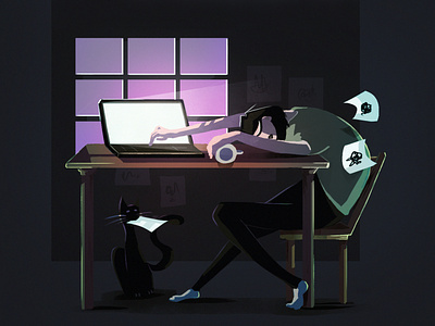 Late Hours cat design designer drawing freelance illustration lighting projects quarantine work