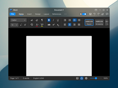 MS Word in Dark Mode (Part 1) acrylic concept dark mode dark theme fluent fluent design glass microsoft microsoft word minimal redesign texture ui ux windows word