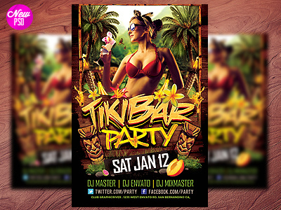 Tiki Bar Party PSD Flyer amazon bamboo bar bbq beach birds club fire flyer foam fruit hawaii island lei leis luau luau party palm tree pool safari spring summer tiki tikibar torch tropic tropical wild wood