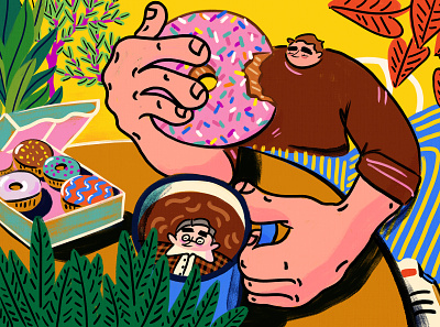 DONUT STORY action bold bright character colorful culinary donut drawing editorial emotion exaggerated flat funny hand drawn humor illustration sketch texture visbii weird